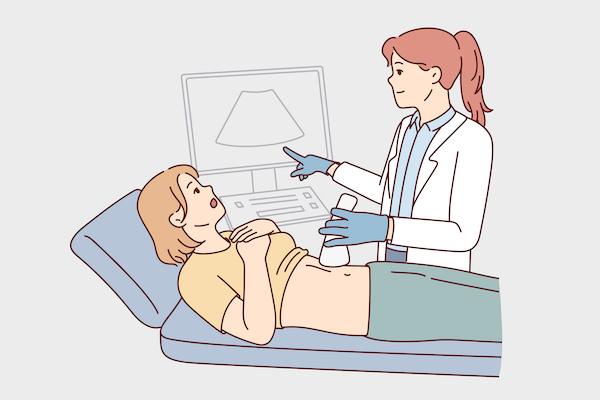 Doctor do belly ultrasound for woman lying on bed in hospital or clinic. Gynecologist or GP scan female patient abdomen. Healthcare and medicine. Vector illustration.